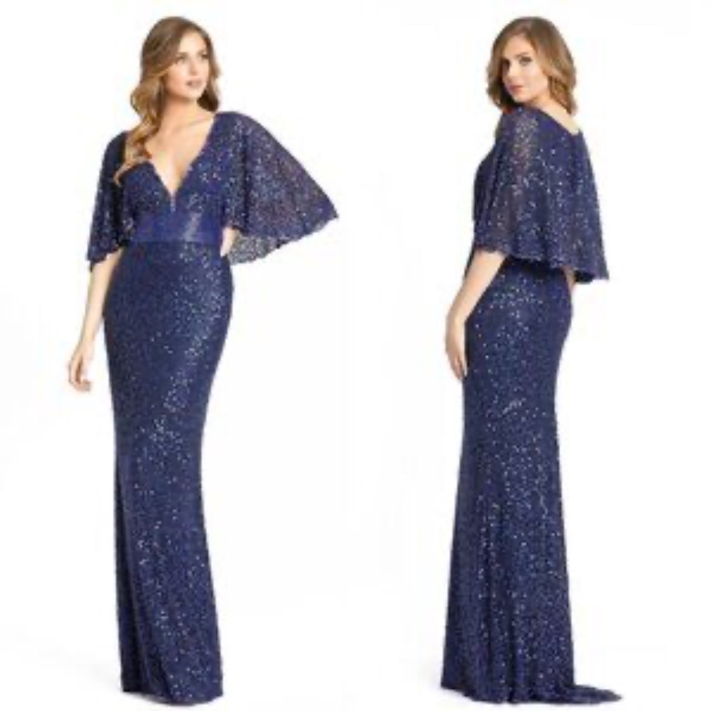 Mac Duggal Size 16 Sequined Cap-Sleeve Long Evening Gown, Blue